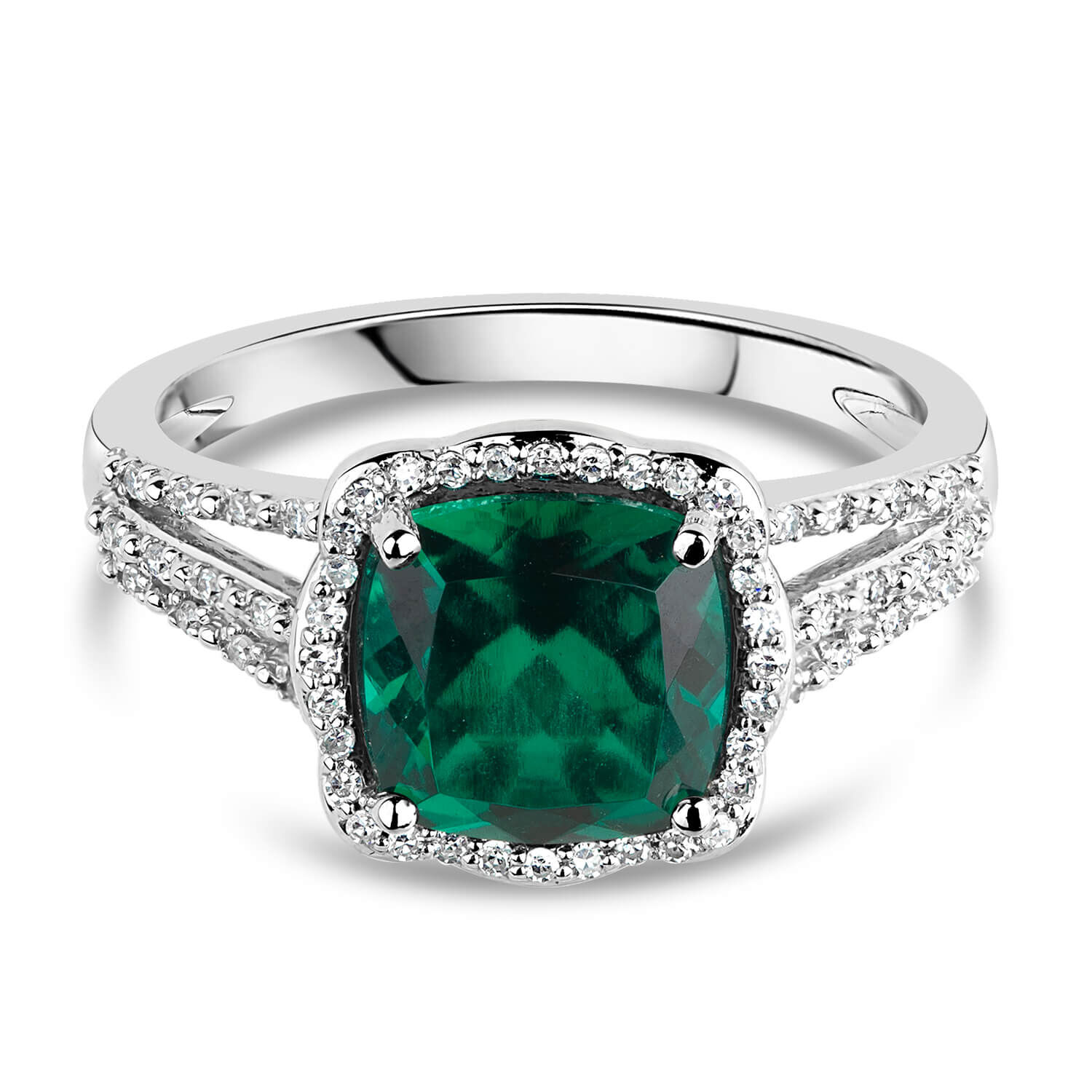 9ct White Gold 0.15ct Diamond and Created Emerald Cushion Halo Ring
