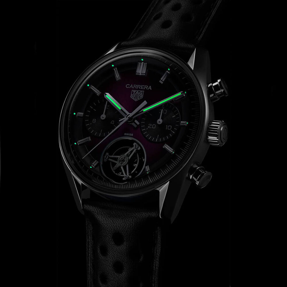 TAG Heuer Carrera Chronograph Tourbillon 42mm Purple Dial Black Leather Strap Watch image number 6