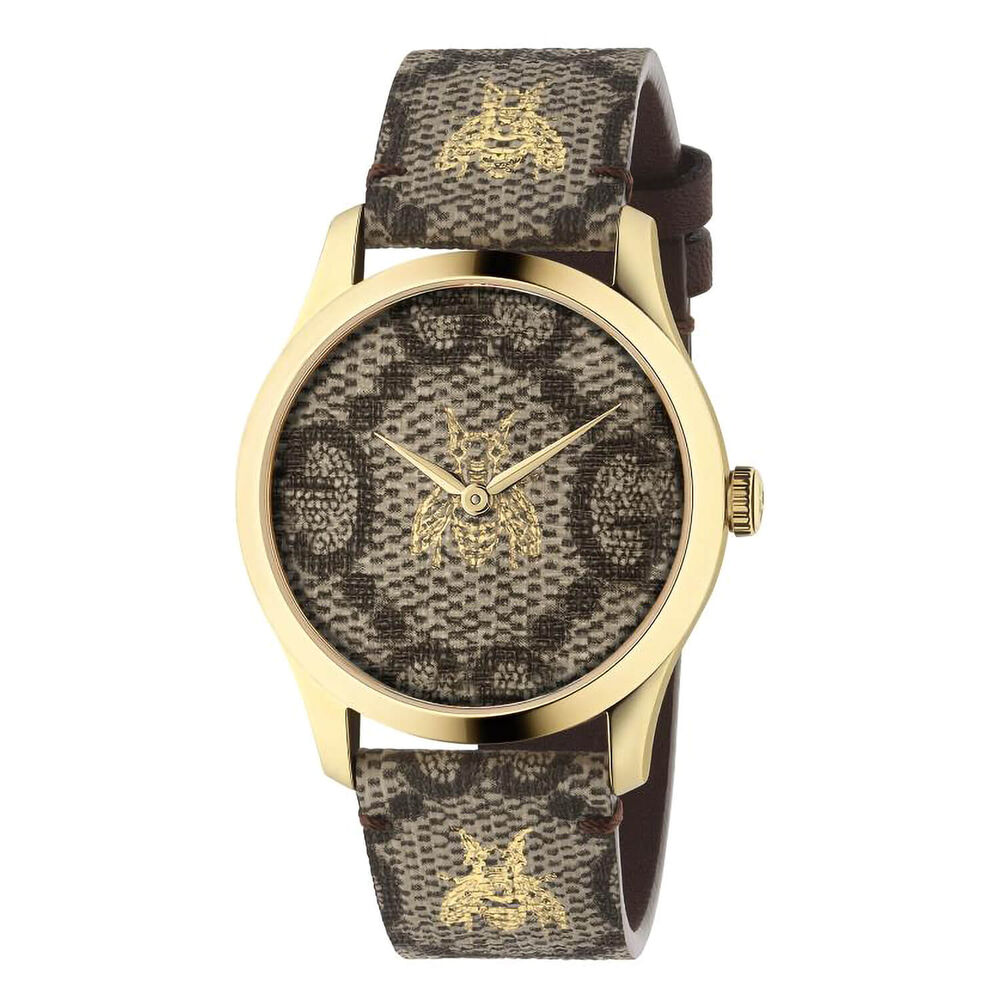 Gucci G-Timeless 38mm Bee Dial Brown Leather Strap Ladies' Watch