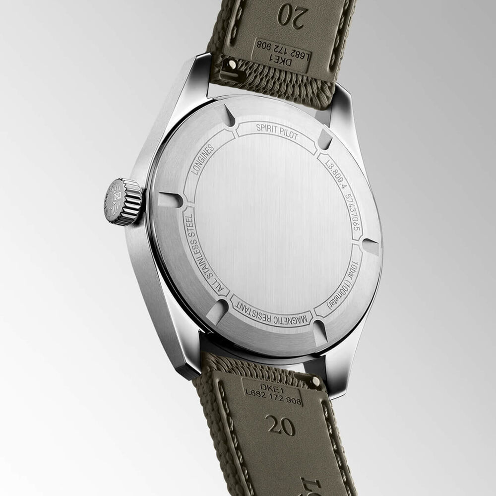 Longines Spirit Pilot 39mm Black Dial Green Textile-Style Rubber Strap Watch image number 4