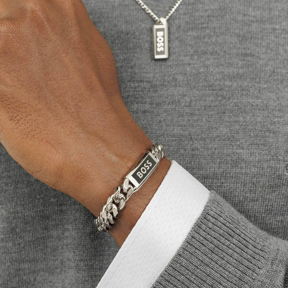 BOSS Kassy Silver Tone Steel Logo Plate Chain Bracelet image number 3
