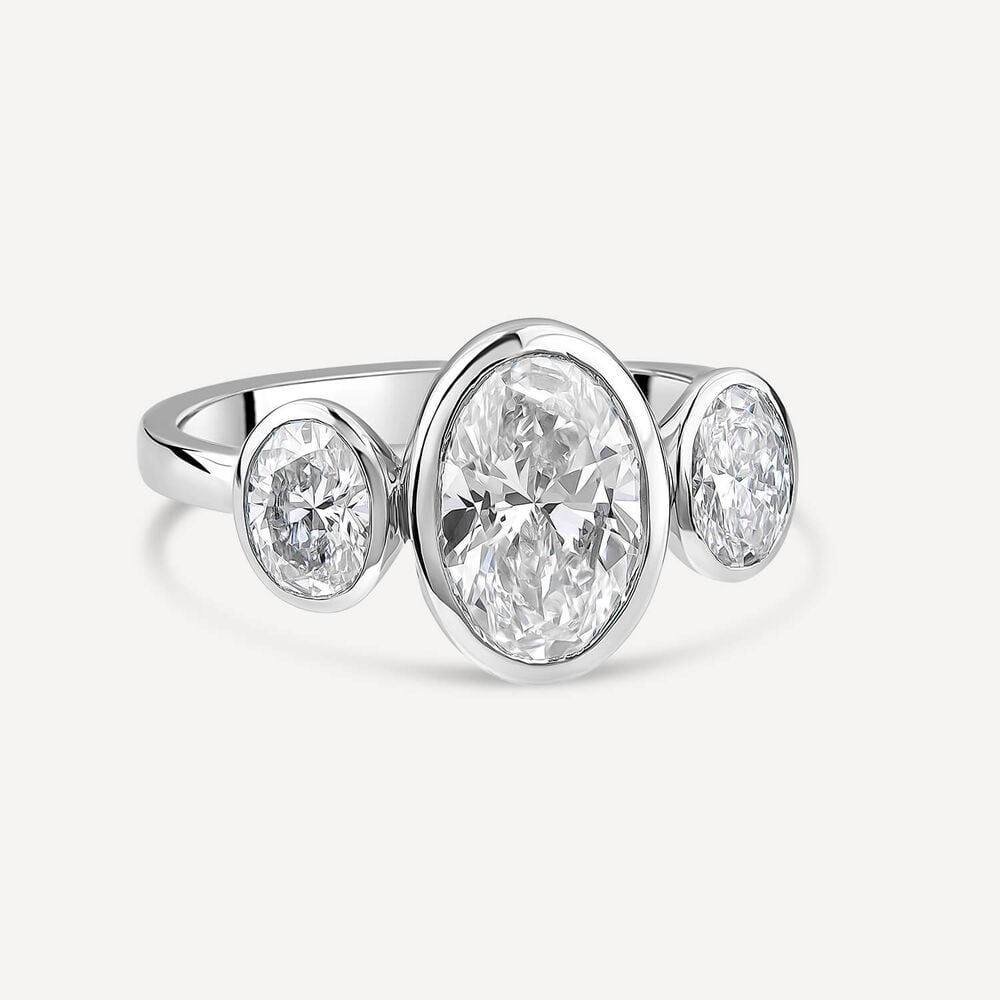 Born Platinum Lab Grown 2.80ct Oval Diamond Three Stone Bezel Set Ring image number 2