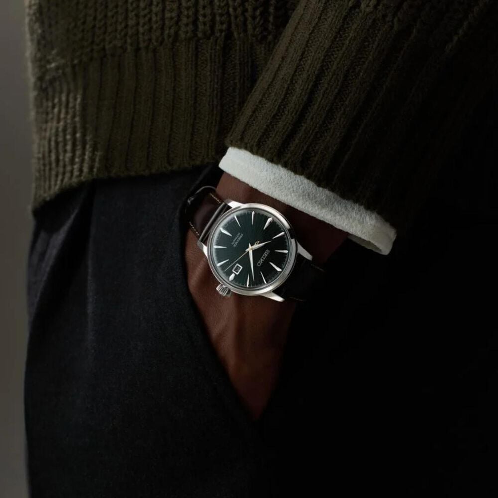 Seiko Presage Cocktail Time &lsquo;Mockingbird&rsquo; 40.5mm Green Dial Brown Leather Strap Watch