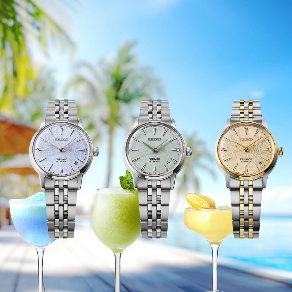 Seiko Presage 'Frozen Daiquiri' Diamond Cocktail Time 34mm Yellow Dial Steel Bracelet Watch image number 6