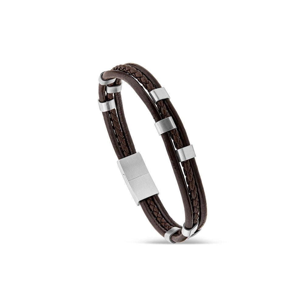 Gents Steel & Brown Leather 3 Strap Bracelet image number 0