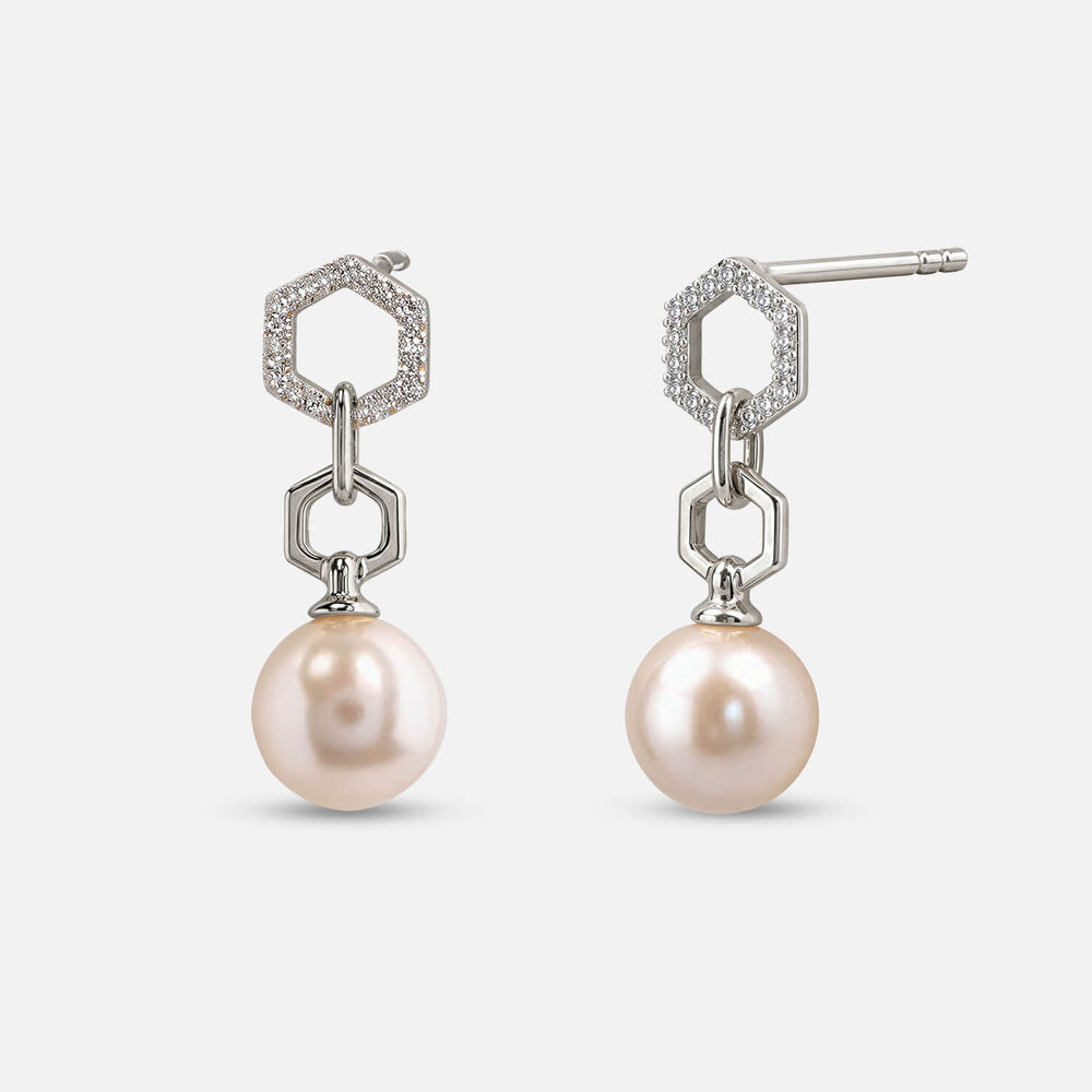 9ct White Gold Freshwater Pearl 0.05ct Diamond Hexagon Top Drop Earrings