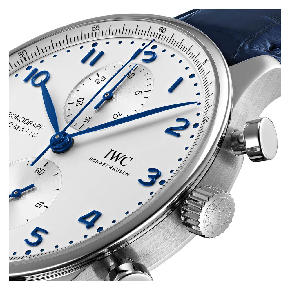 IWC Schaffhausen Portugieser Chronograph Silver Dial Blue Strap Watch image number 2