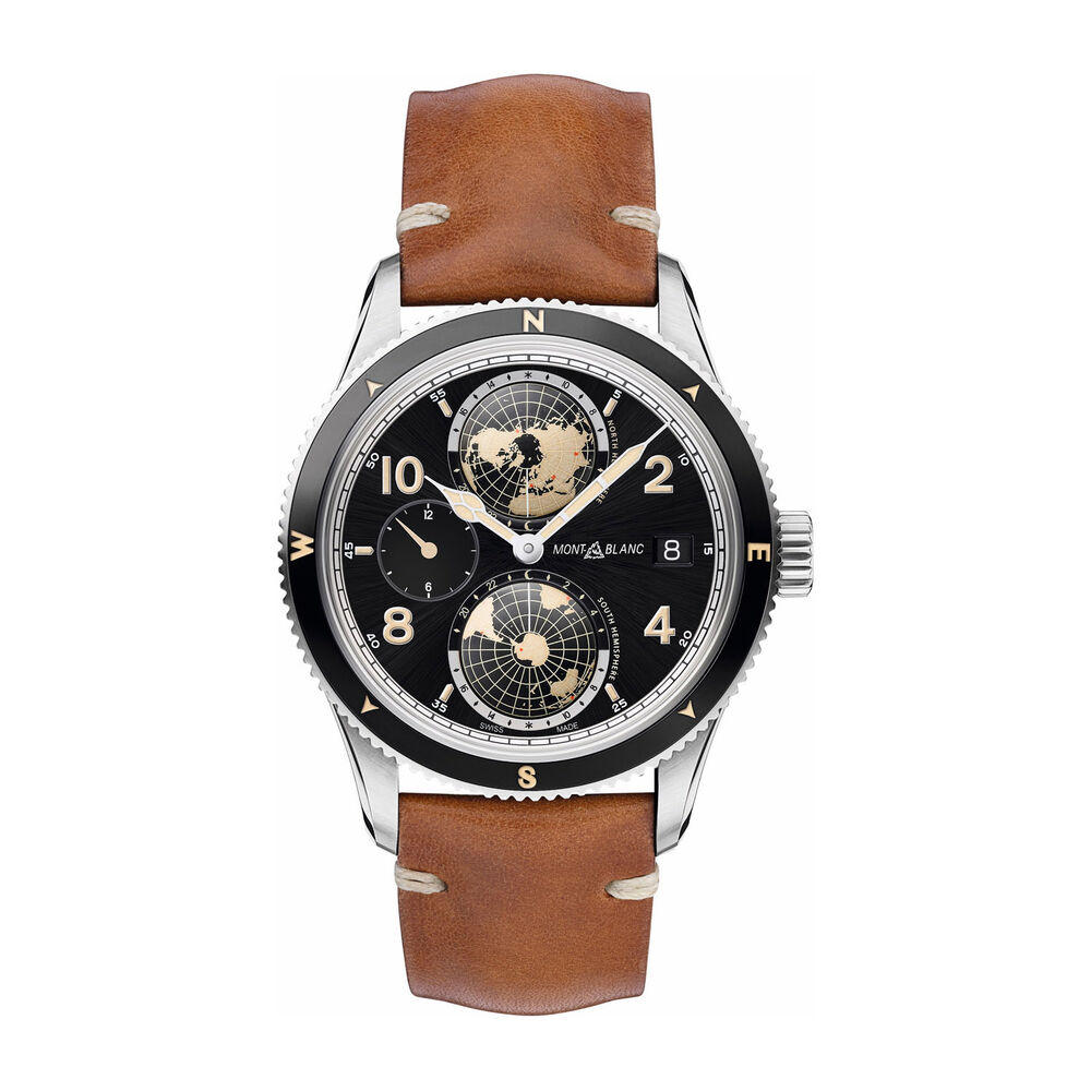 Pre-Owned Montblanc 1858 Geosphere 42mm Black Dial Brown Leather Strap Watch image number 0