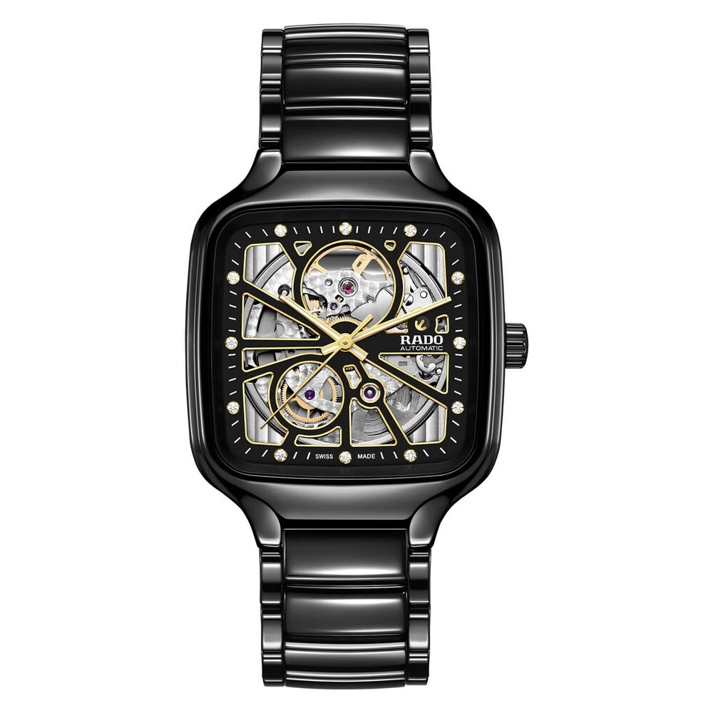 Rado True Square Automatic Open Heart 38mm Skeleton Dial Black Ceramic Bracelet Watch