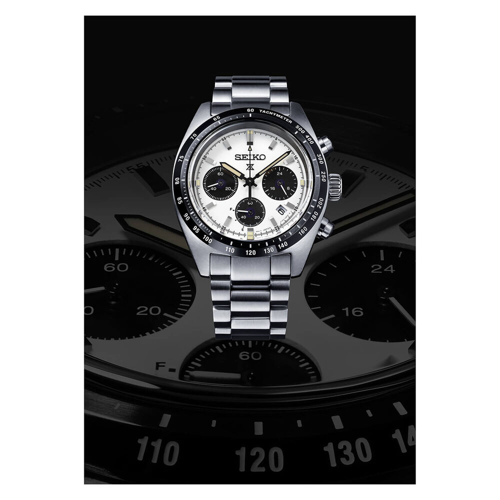 Seiko Prospex Speedtimer Solar 39mm Chronograph White Dial Steel Case Bracelet Watch image number 2