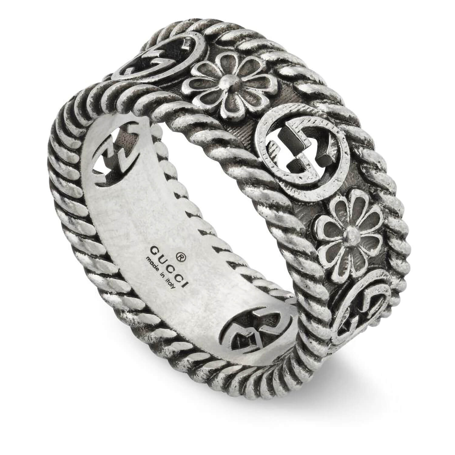 Gucci Marmont Interlocking G Flower Silver Ring Size 15