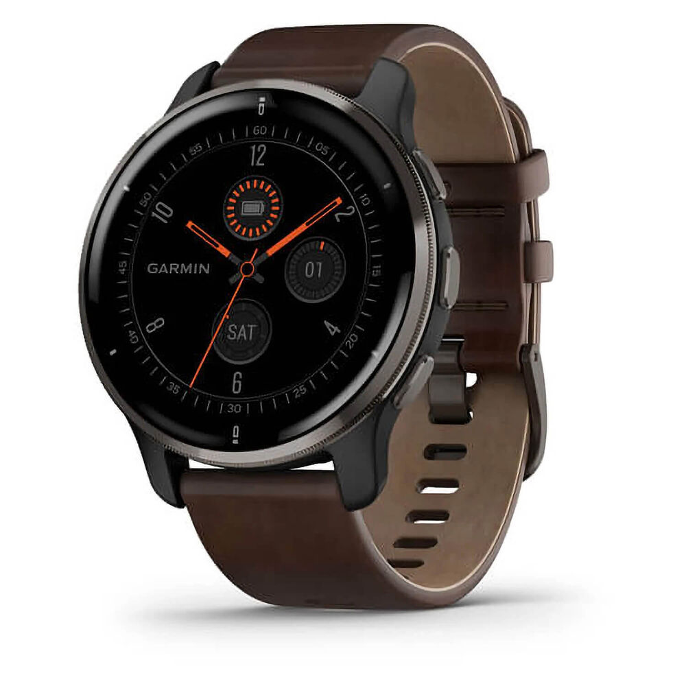 Garmin Venu® 2 Plus Slate Stainless Steel Bezel Slate Case Brown Leather Strap Watch