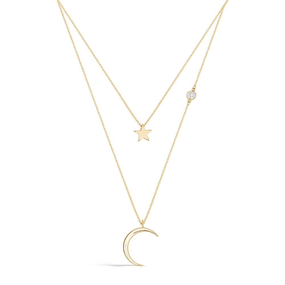 9ct Gold Celestial Moon And Star Cubic Zirconia Set Double Chain Necklet