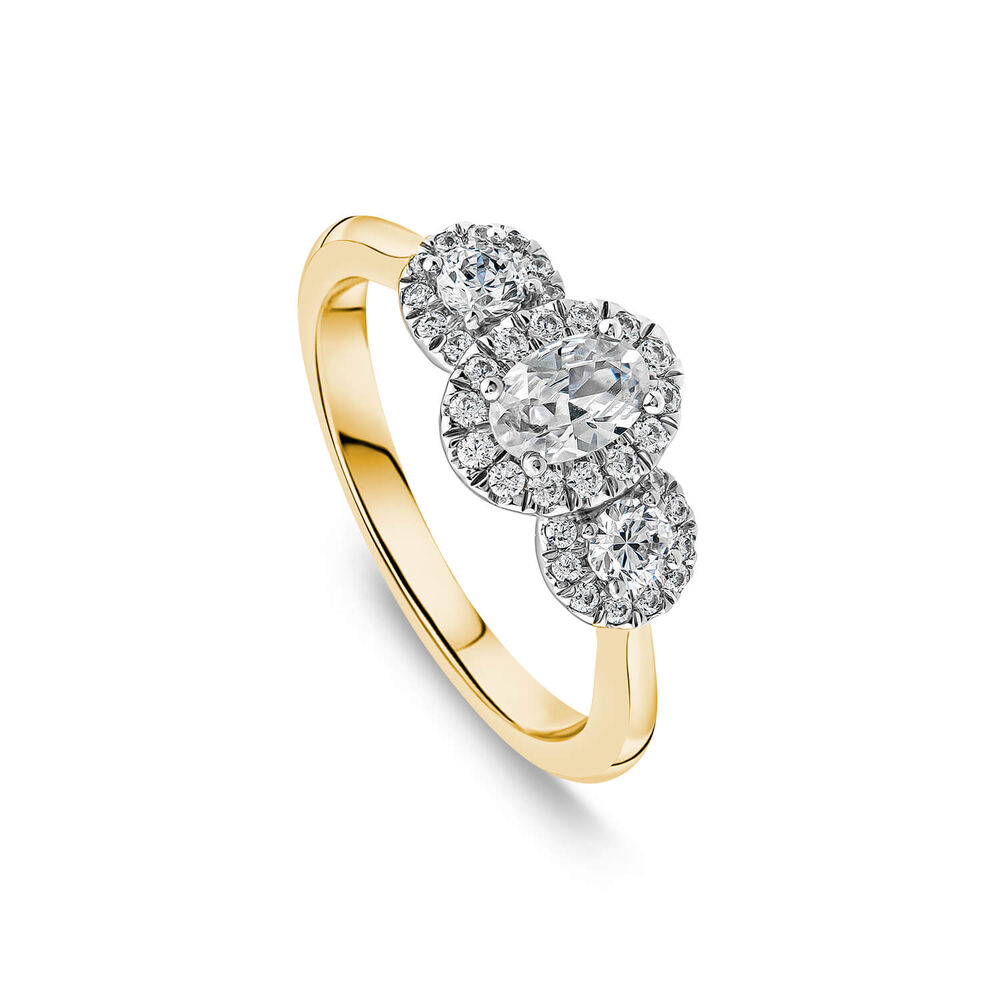 Orchid Setting 18ct Yellow Gold 0.75ct 3 Stone Oval Centre Halo Diamond Engagement Ring