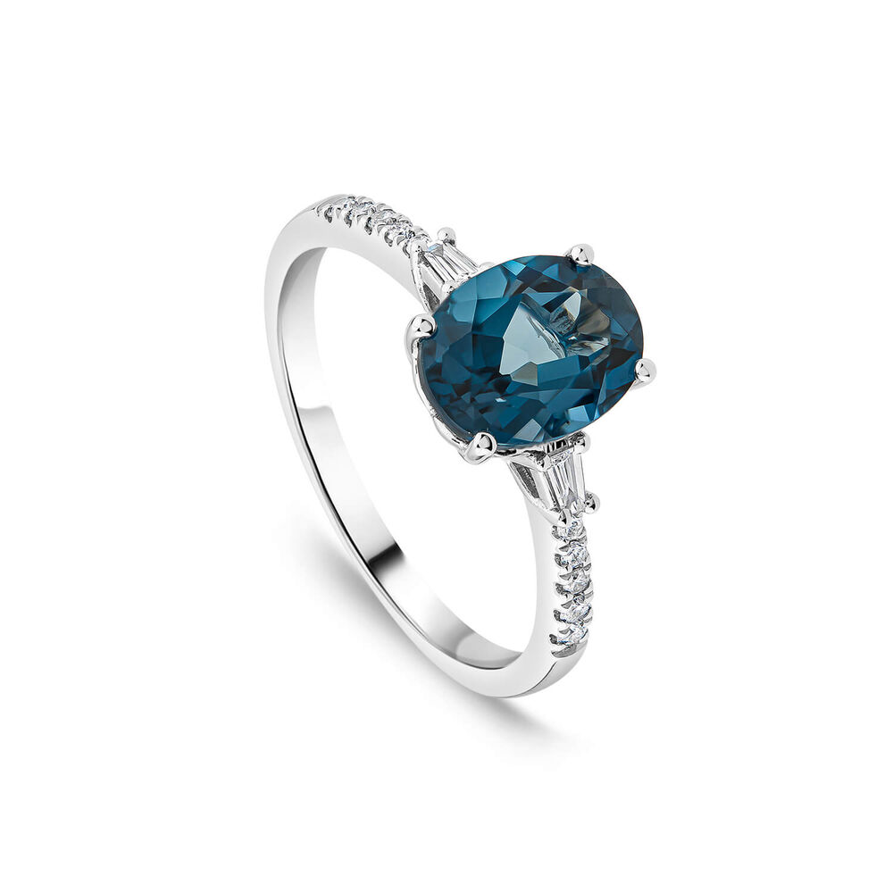 9ct White Gold London Blue Topaz & 0.12ct Tapered Baguette Diamond Sides Ring