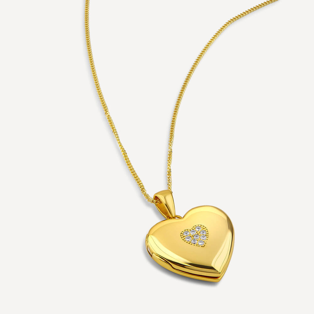 Yellow Gold Plated Sterling Silver Cubic Zirconia Centre Heart Locket Pendant image number 3