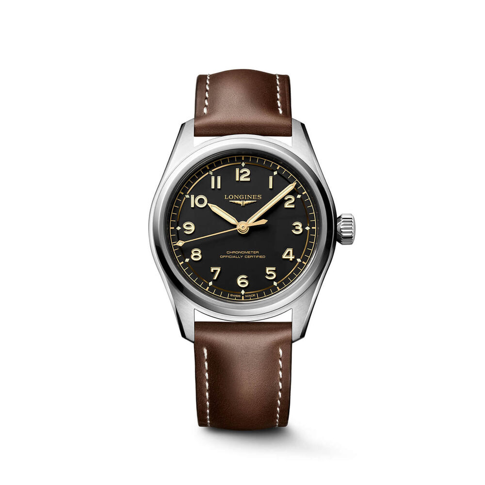 Longines Spirit Pilot 39mm Black Dial Brown Leather Strap Watch image number 0