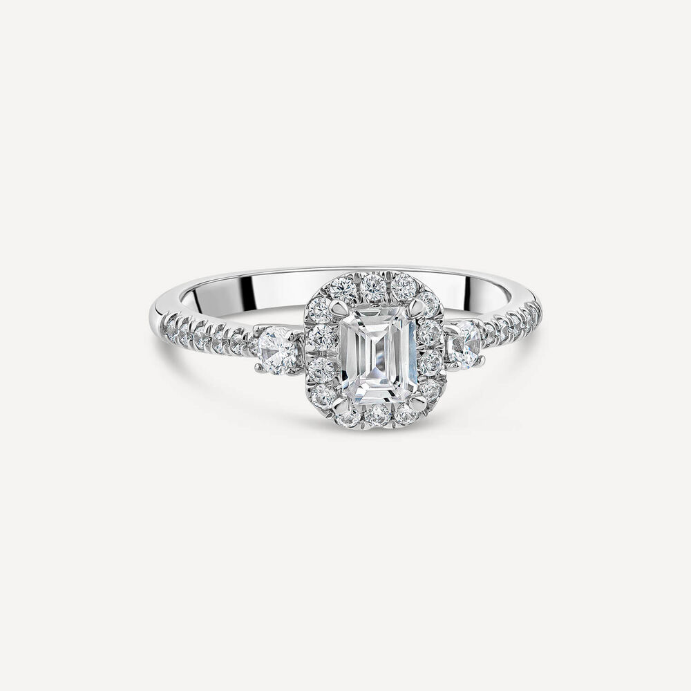 Orchid Setting 18ct White Gold 0.75ct Emerald Cut Halo Sides Diamond Shoulders Engagement Ring image number 2