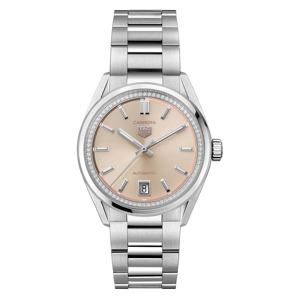 TAG Heuer Carrera Date 36mm Pink Dial Diamond Bezel Stainless Steel Bracelet Watch