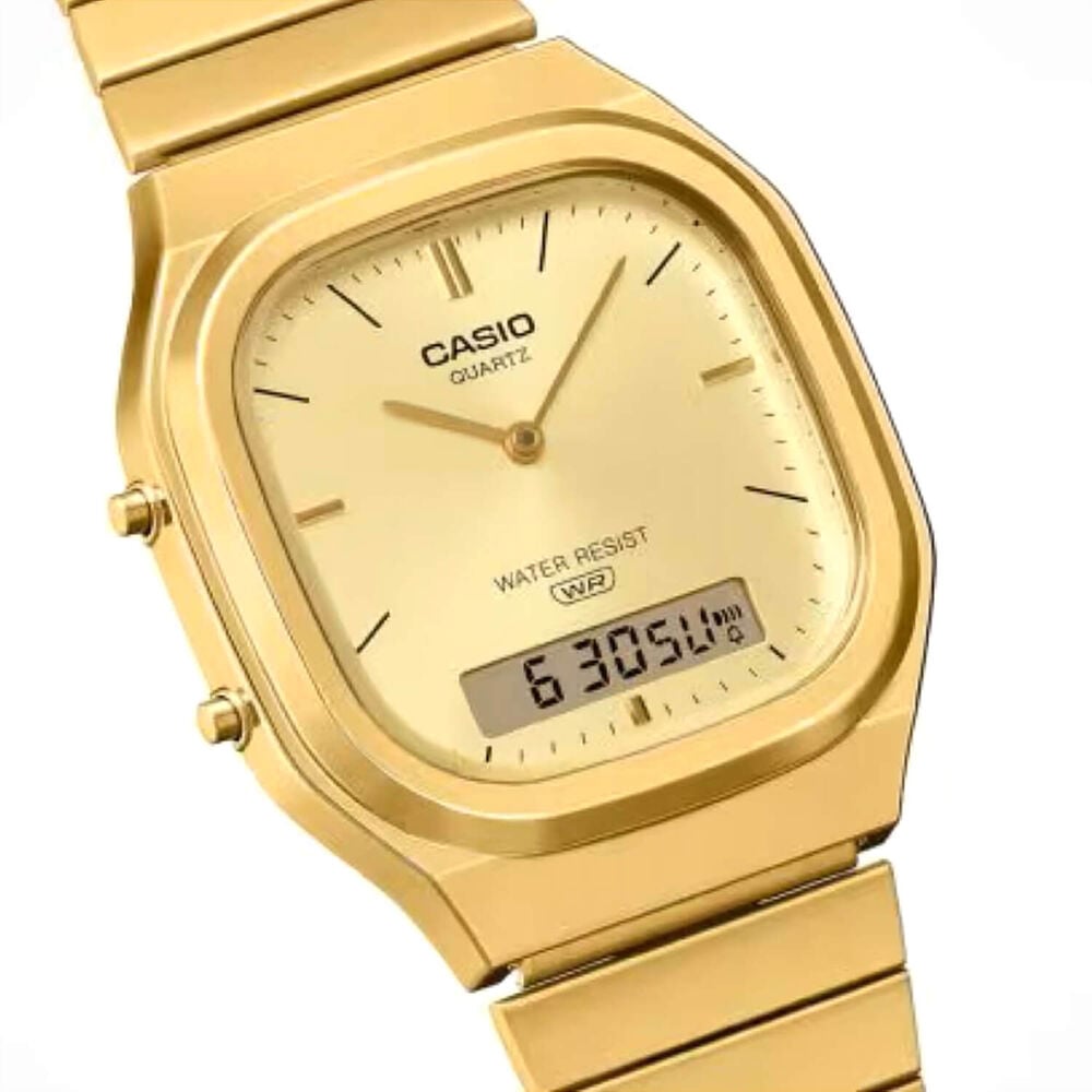 Casio Vintage 40.9x35.8mm Gold Dial Dual Display Gold Tone Stainless Steel Bracelet Watch image number 2