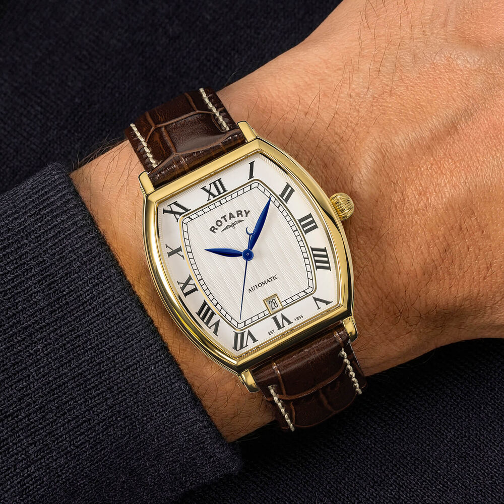Rotary 1895 Automatic 36x46mm White Dial Brown Leather Strap Watch