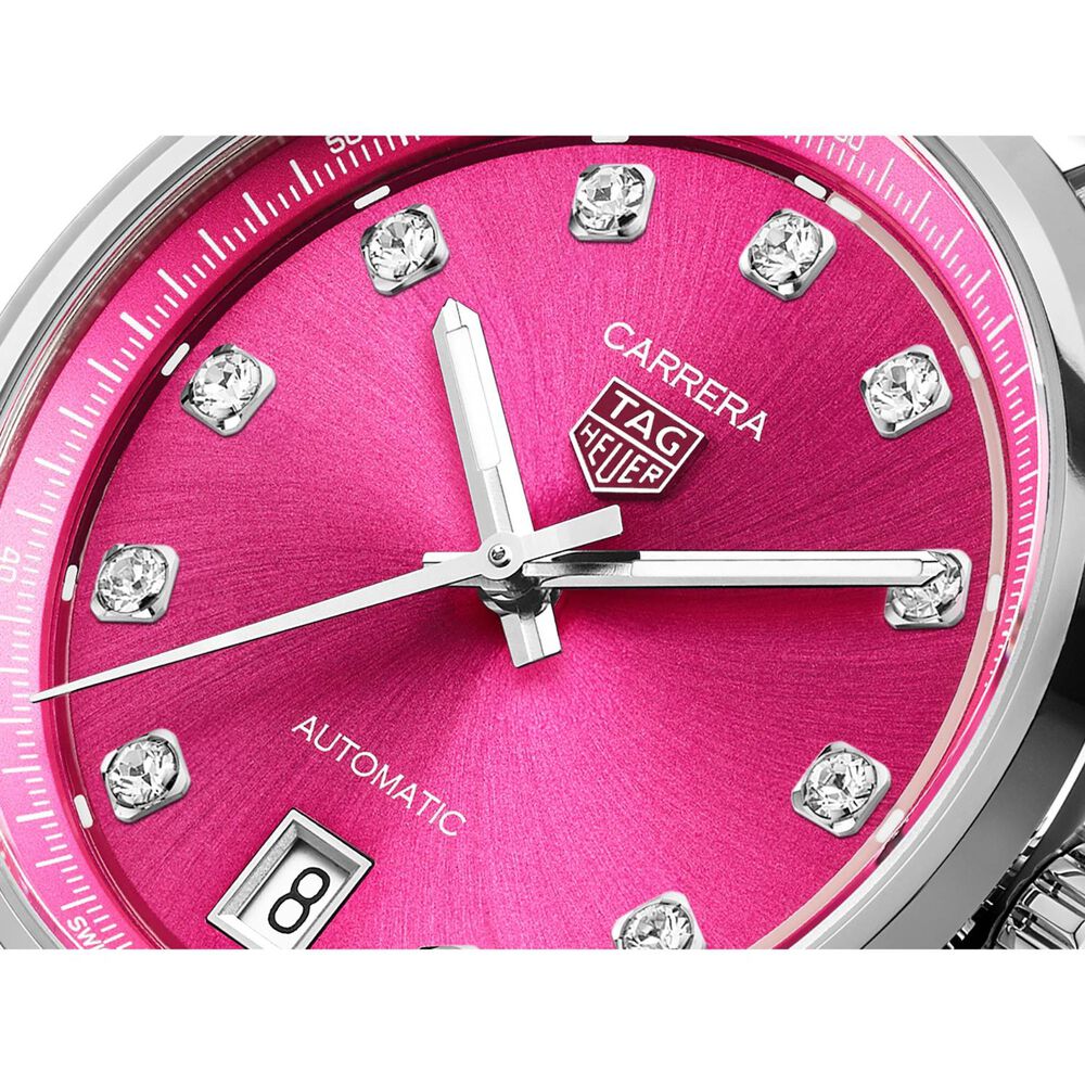 TAG Heuer Carrera Date 36mm Pink Dial Diamond Dots Steel Bracelet Watch image number 2