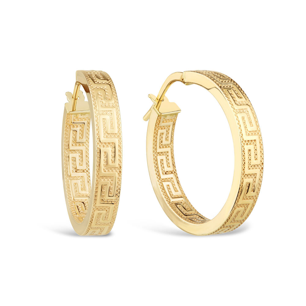 9ct Yellow Gold Greek Key Square Hoop Earrings image number 1