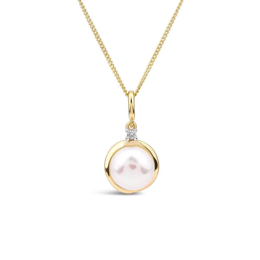 9ct Yellow Gold Diamond Top Freshwater Pearl Gold Rim Pendant image number 0