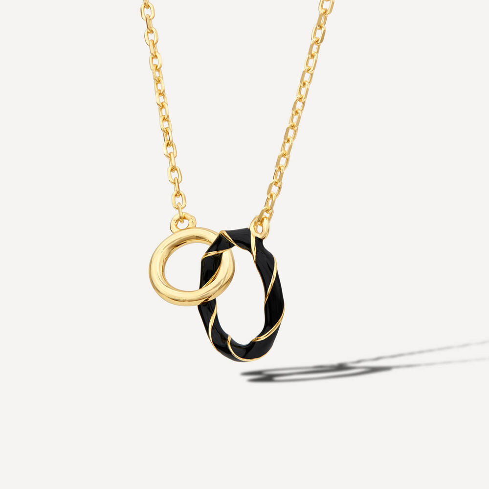 Silver & Yellow Gold Plated Double Circle Black Enamel Necklet