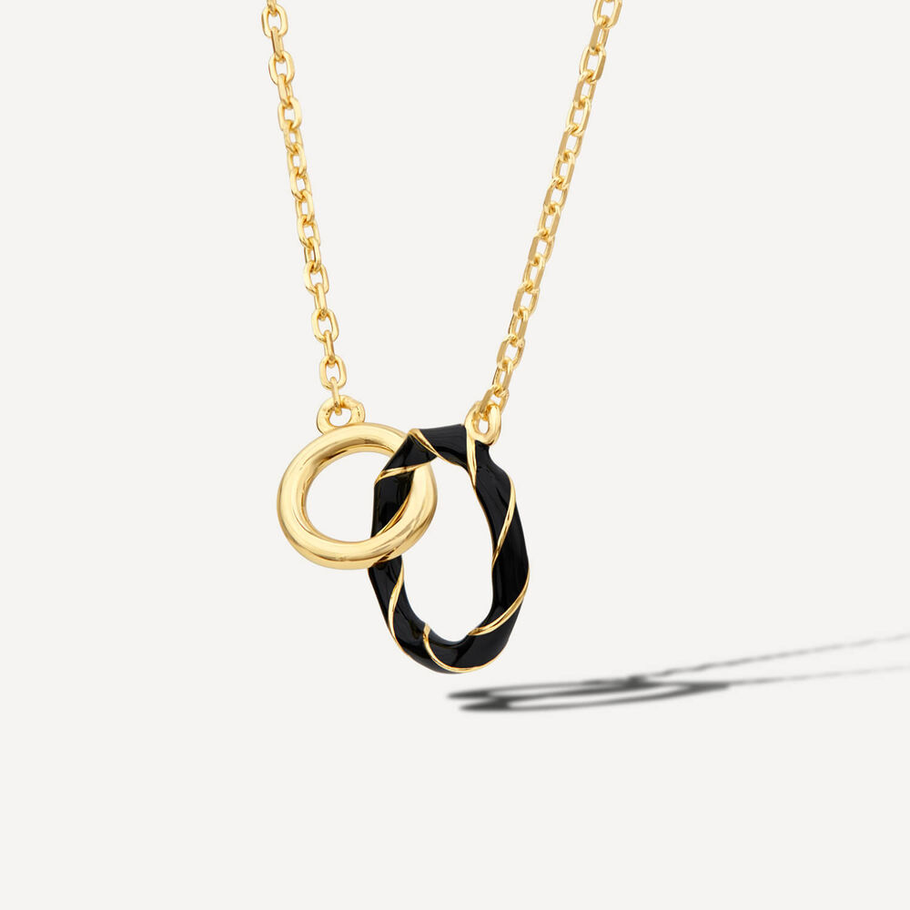 Silver & Yellow Gold Plated Double Circle Black Enamel Necklet image number 1