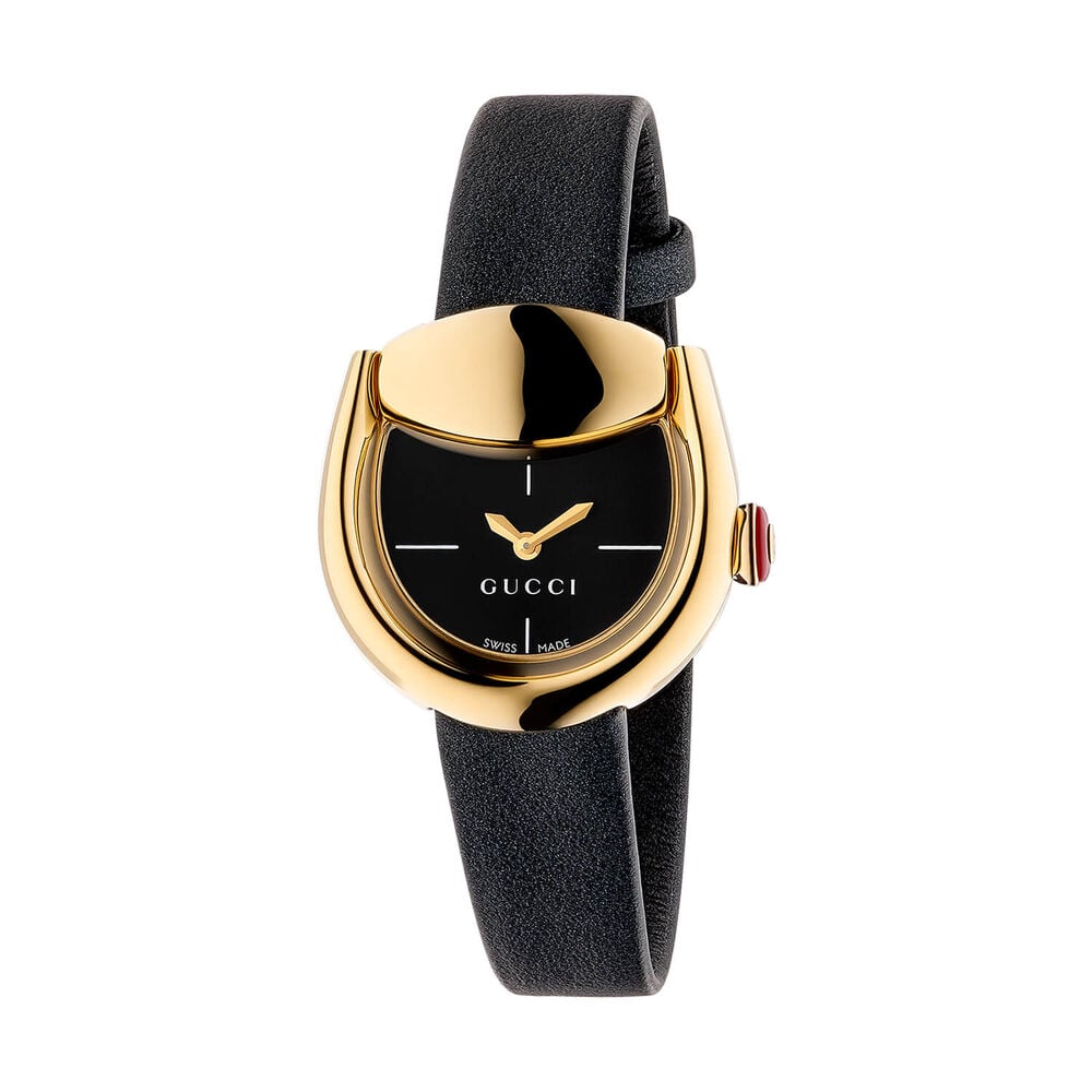 Gucci Horsebit 27x25mm Black Dial Gold Plated Case Black Leather Strap Watch