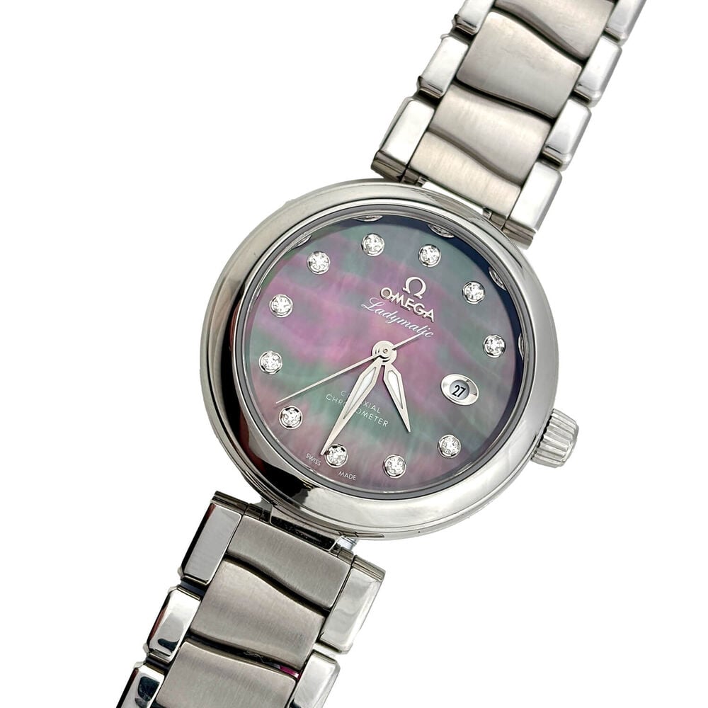 Pre-Owned OMEGA De Ville Ladymatic 34mm Black MOP Dial Diamond Dots Steel Bracelet Watch image number 1