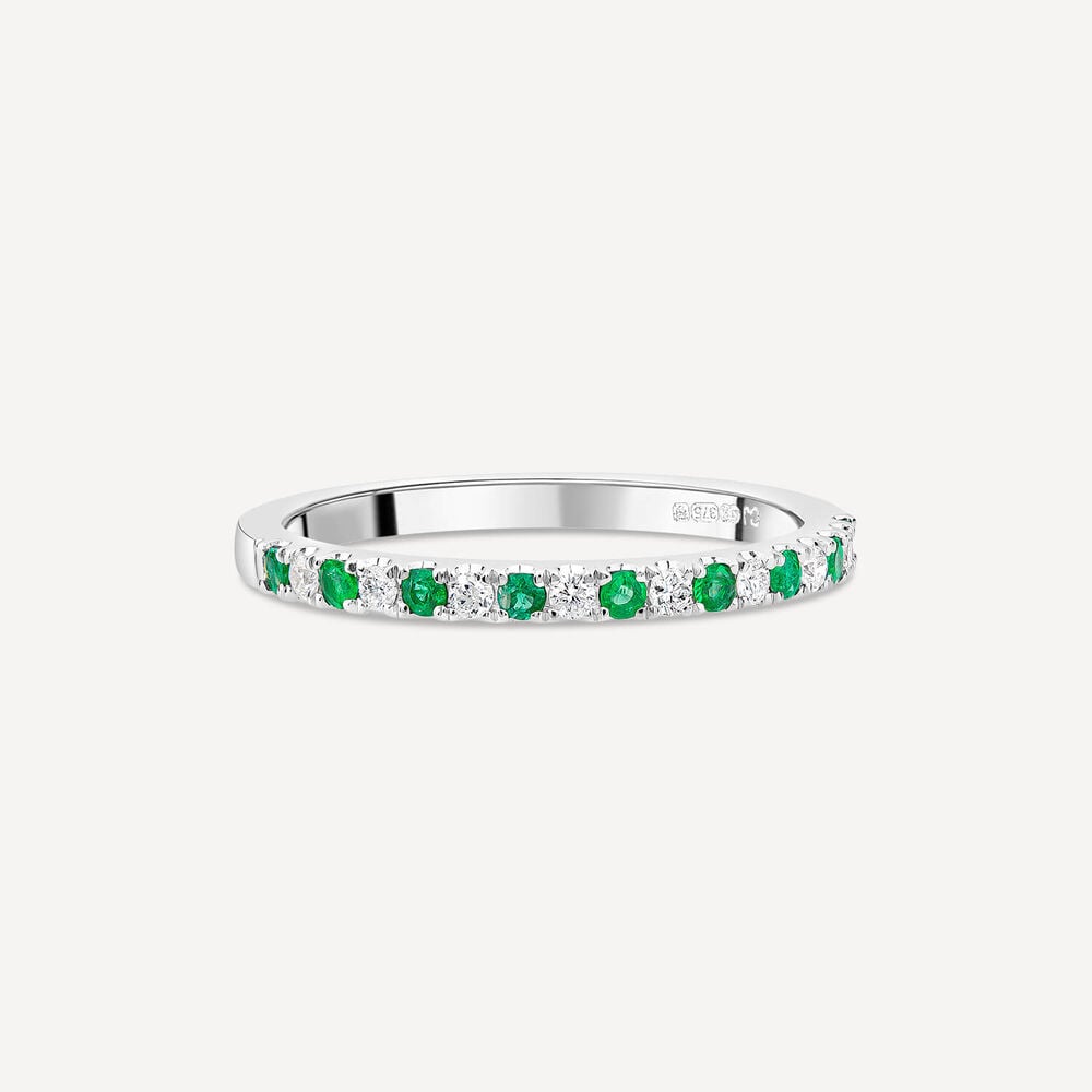9ct White Gold Emerald & 0.09ct Diamond Claw Set Eternity Ring image number 2