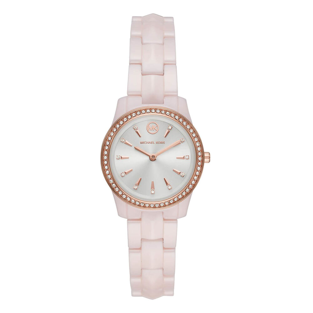 Michael Kors Runway Mercer 28mm White Dial Pink Ceramic Bracelet Watch