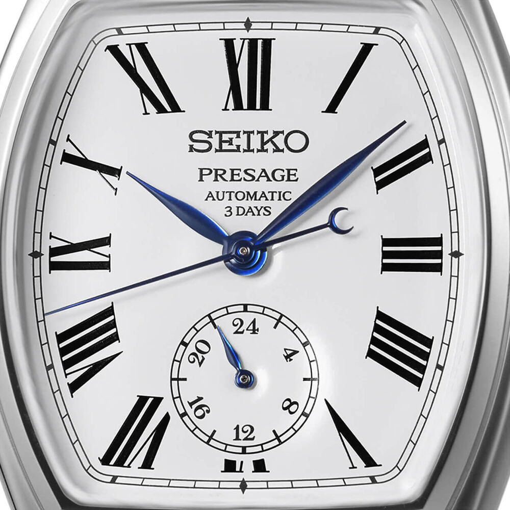 Seiko Presage Classic Series Enamel &lsquo;Tonneau&rsquo; 36mm White Dial Steel Bracelet Watch