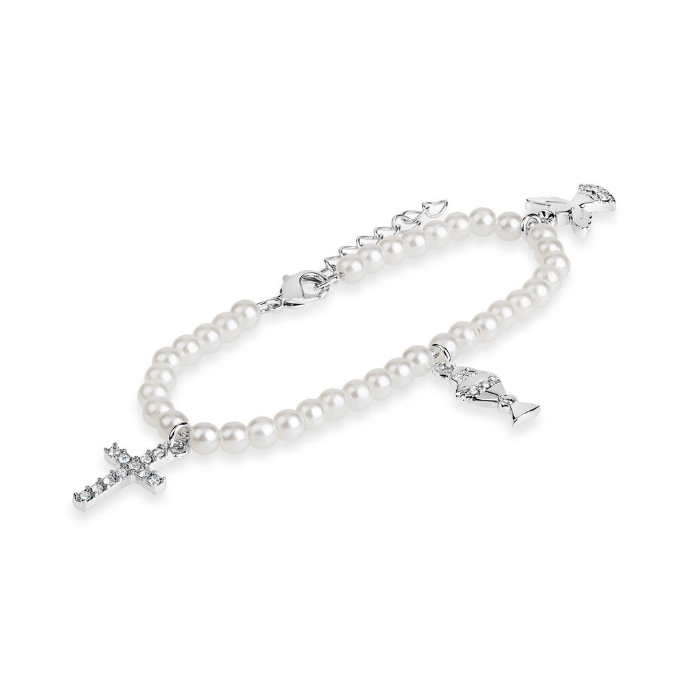 Silver Plated Pearl & Crystal Communion Charm Bracelet