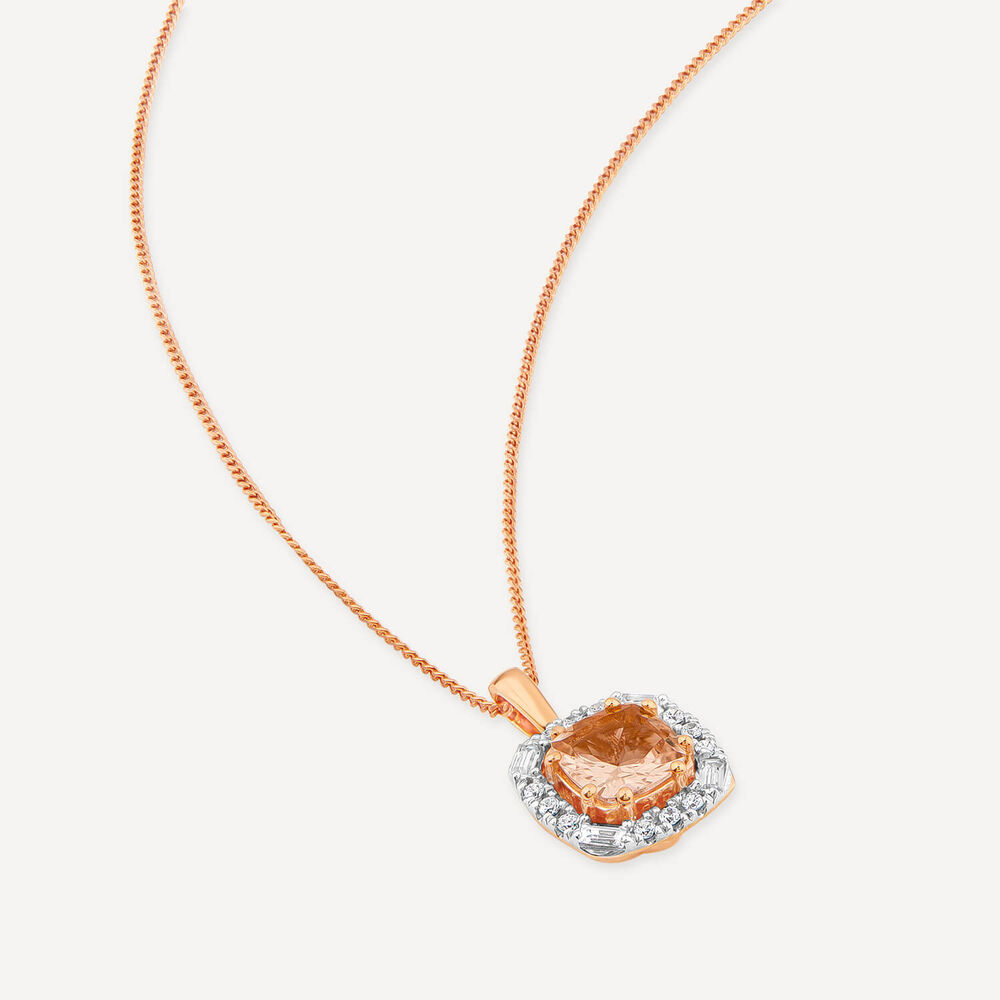 9ct Rose Gold Cushion Morganite & 0.25ct Baguette & Brilliant Diamond Surrounded Pendant image number 3