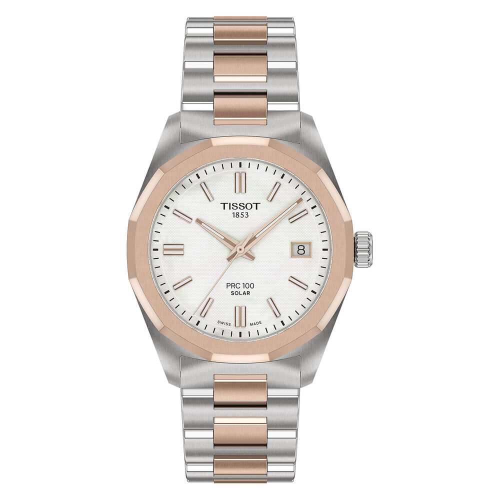 Tissot PRC 100 Solar 34mm Mother of Pearl Dial Rose Gold PVD Steel Bracelet Watch