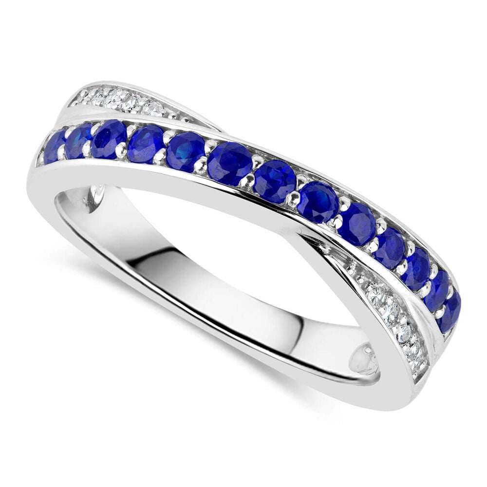9ct White Gold Diamond and Sapphire Crossover Ring image number 0