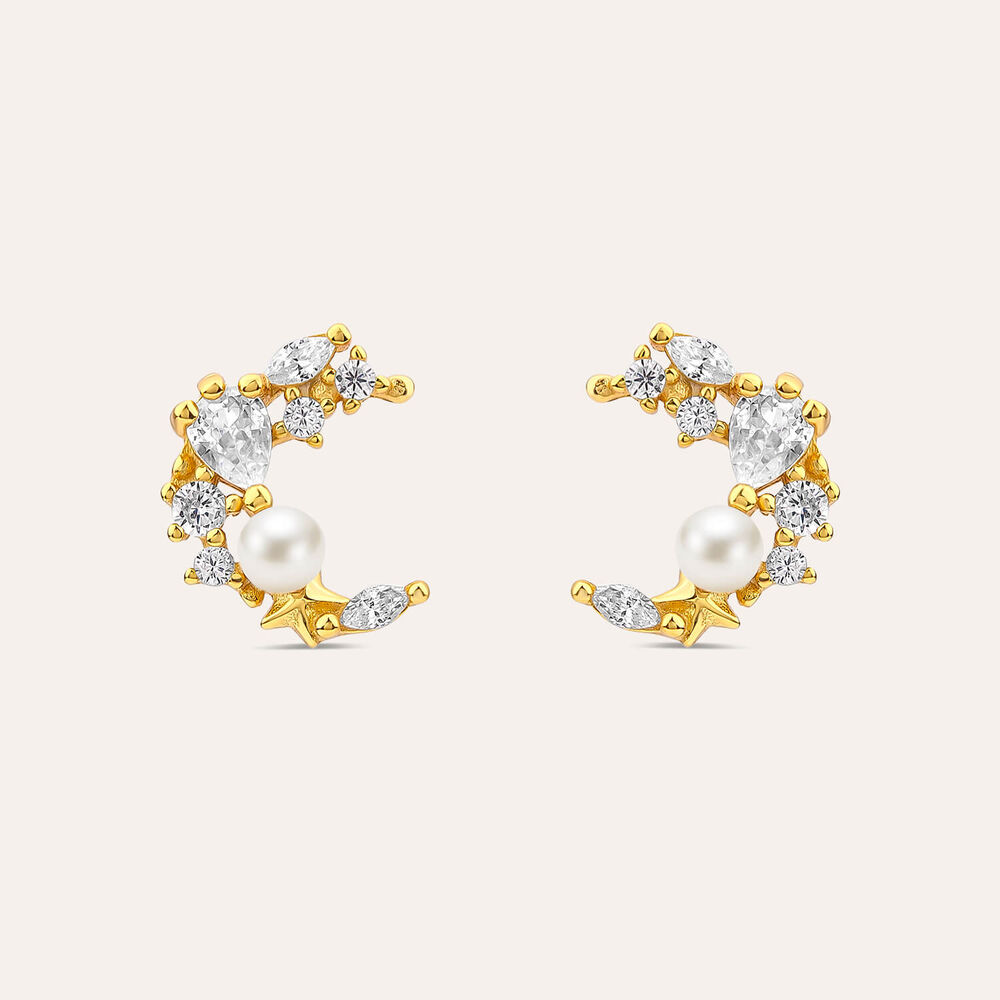 Yellow Gold Plated Sterling Silver Cubic Zirconia & Pearl Half Moon Earrings