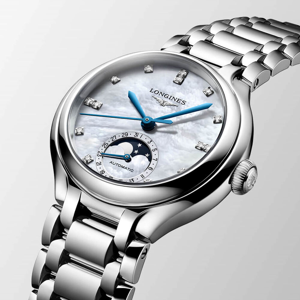 Longines Elegance Primaluna 34mm Moonphase White MOP Dial Diamond Dots Steel Bracelet Watch image number 2
