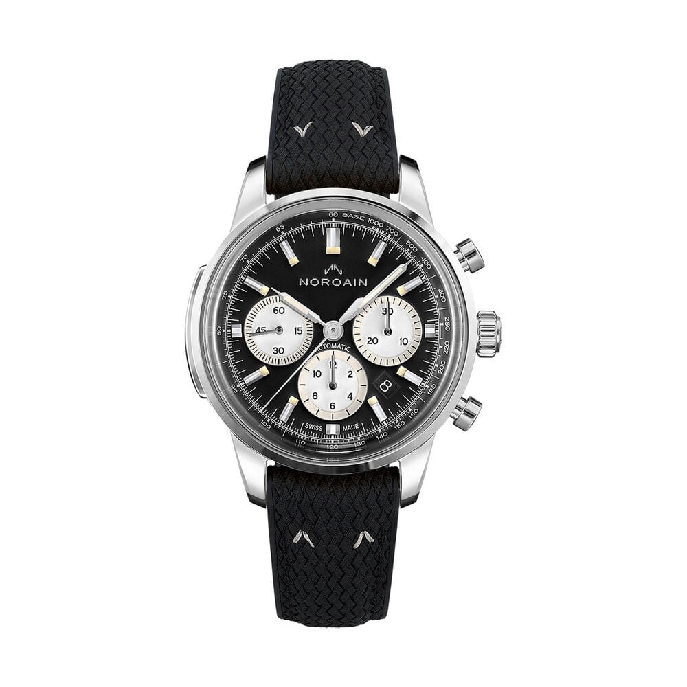 NORQAIN Freedom 60 Chronograph 43mm Black Dial & Silver Counters Perlon Rubber Strap Watch image number 0