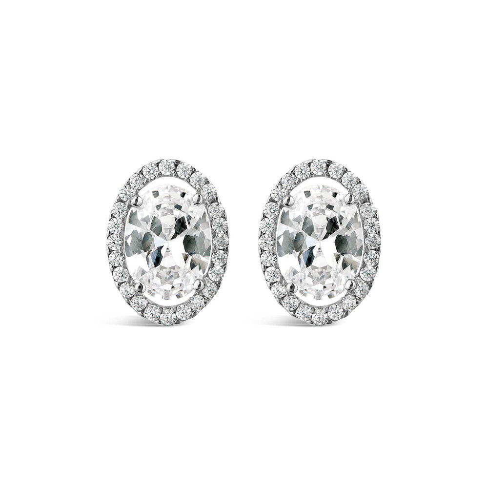 9ct White Gold Large Oval Halo Stud Earrings image number 0