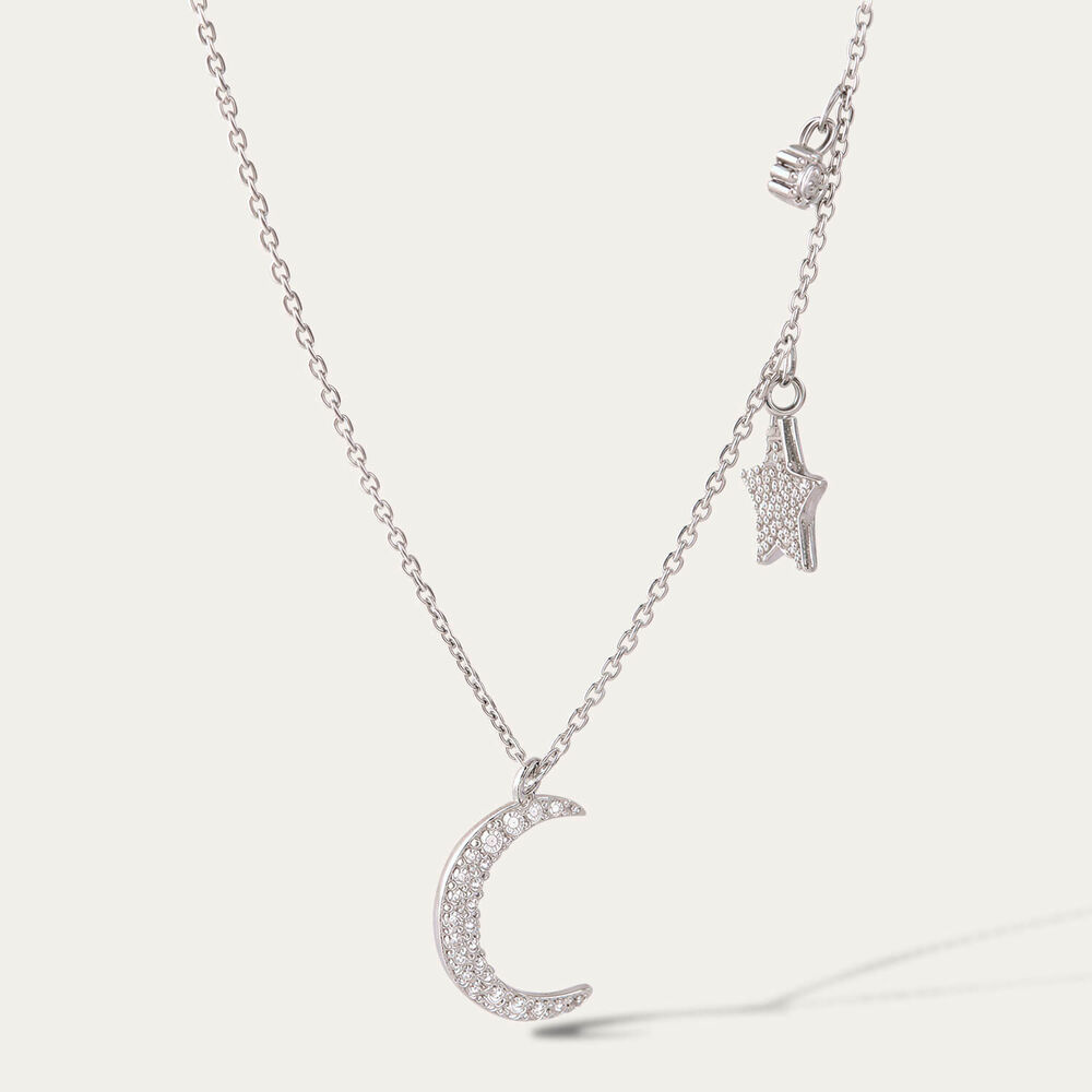 Sterling Silver Cubic Zirconia Set Moon & Star Charm Necklet