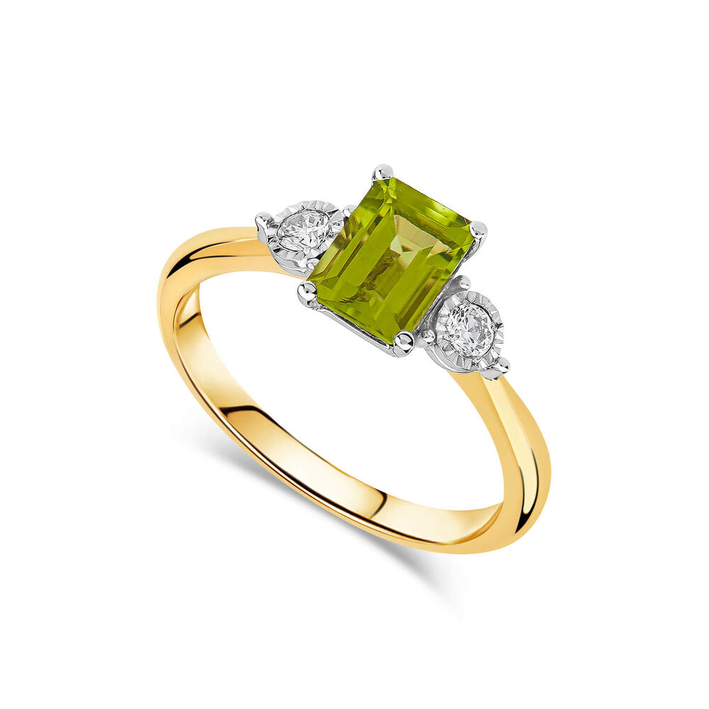 9ct Yellow Gold Emerald Cut Peridot 0.12ct Diamond Sides Ring image number 0