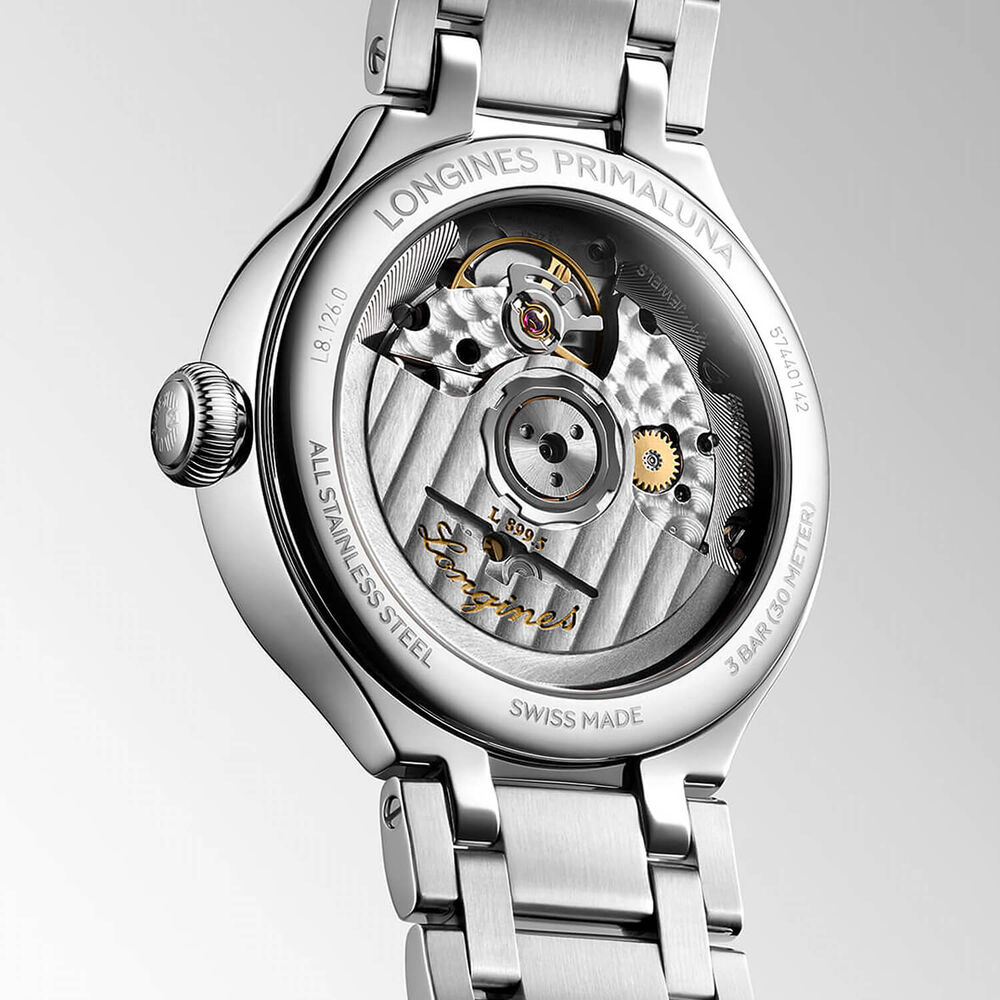Longines Elegance Primaluna 34mm Moonphase Silver Dial Diamond Bezel Steel Bracelet Watch image number 4