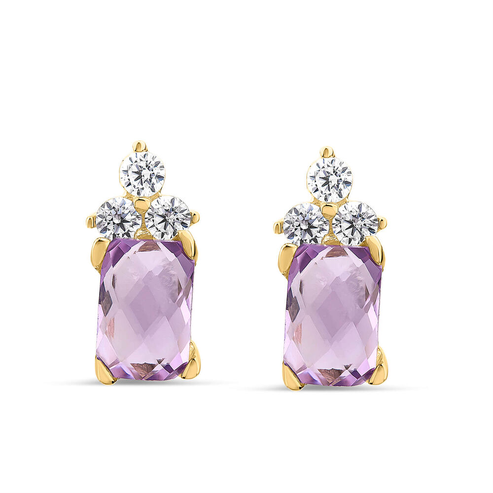 9ct Yellow Gold Rectangular Amethyst & Cubic Zirconia Trefoil Top Stud Earrings image number 0