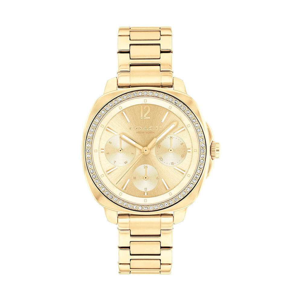 Coach Kitt 34mm Gold Dial Crystal Bezel Gold Tone Steel Bracelet Watch