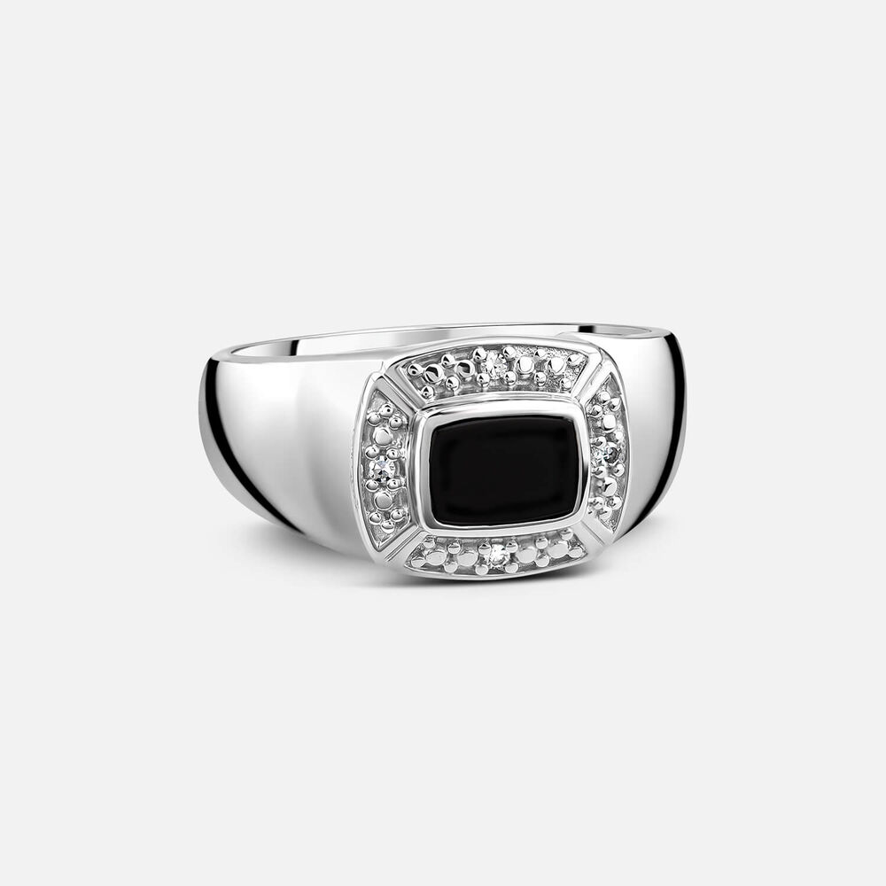 Sterling Silver Square Onyx 0.02ct Lab Grown Diamond Frame Signet Ring