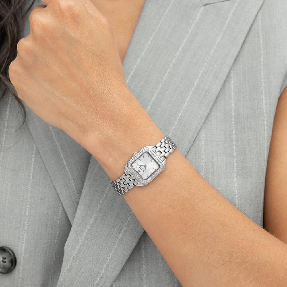 BOSS Mae Petite 22mm Silver Dial Crystal Set Bezel Steel Bracelet Watch